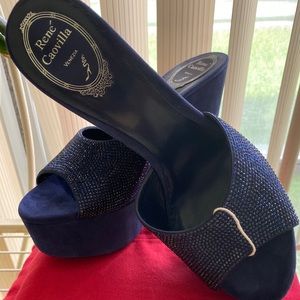 Rene Caovilla Wedges Leather Blue Rhinestones